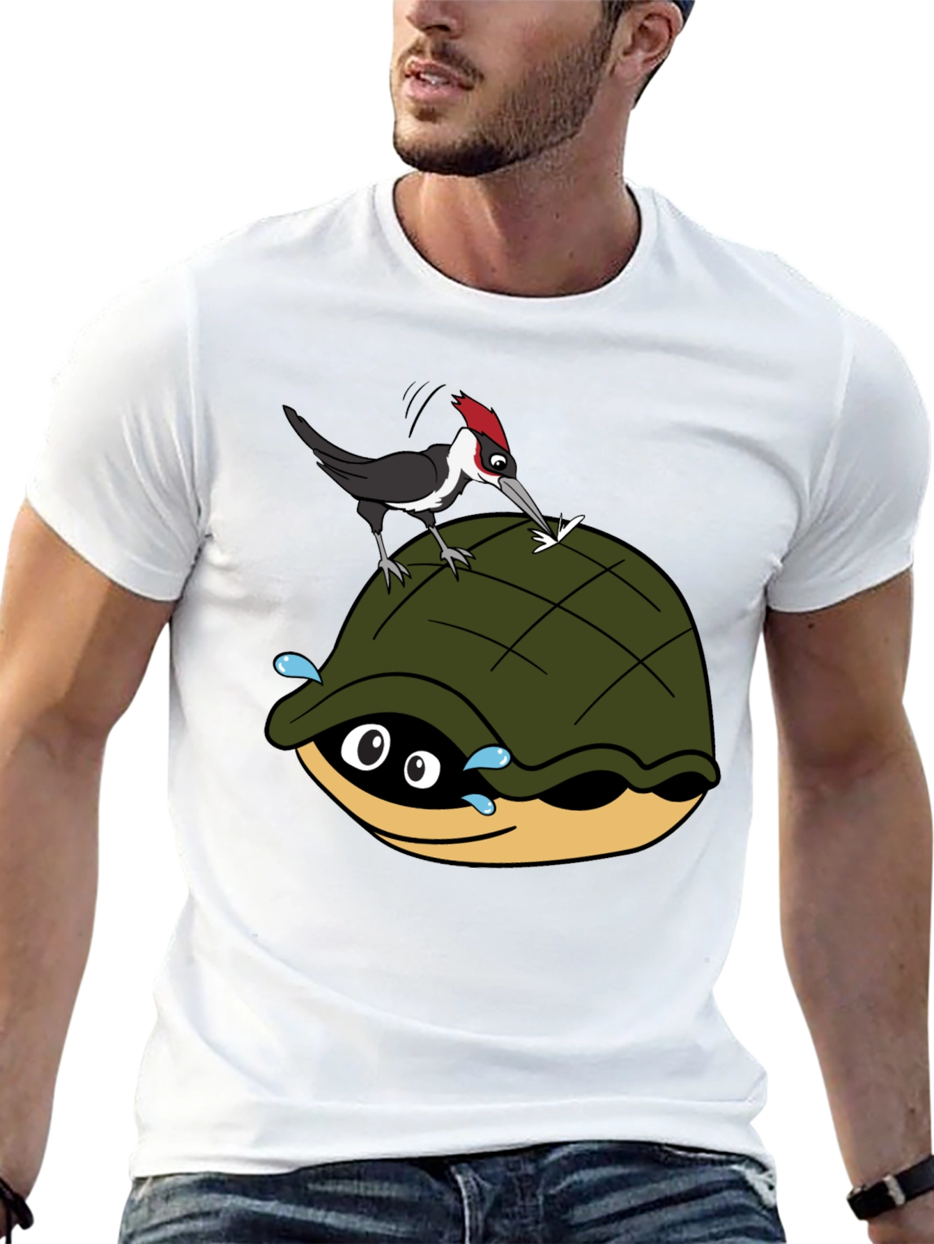 Cartoon Turtle and Woodpecker Graphic Tee