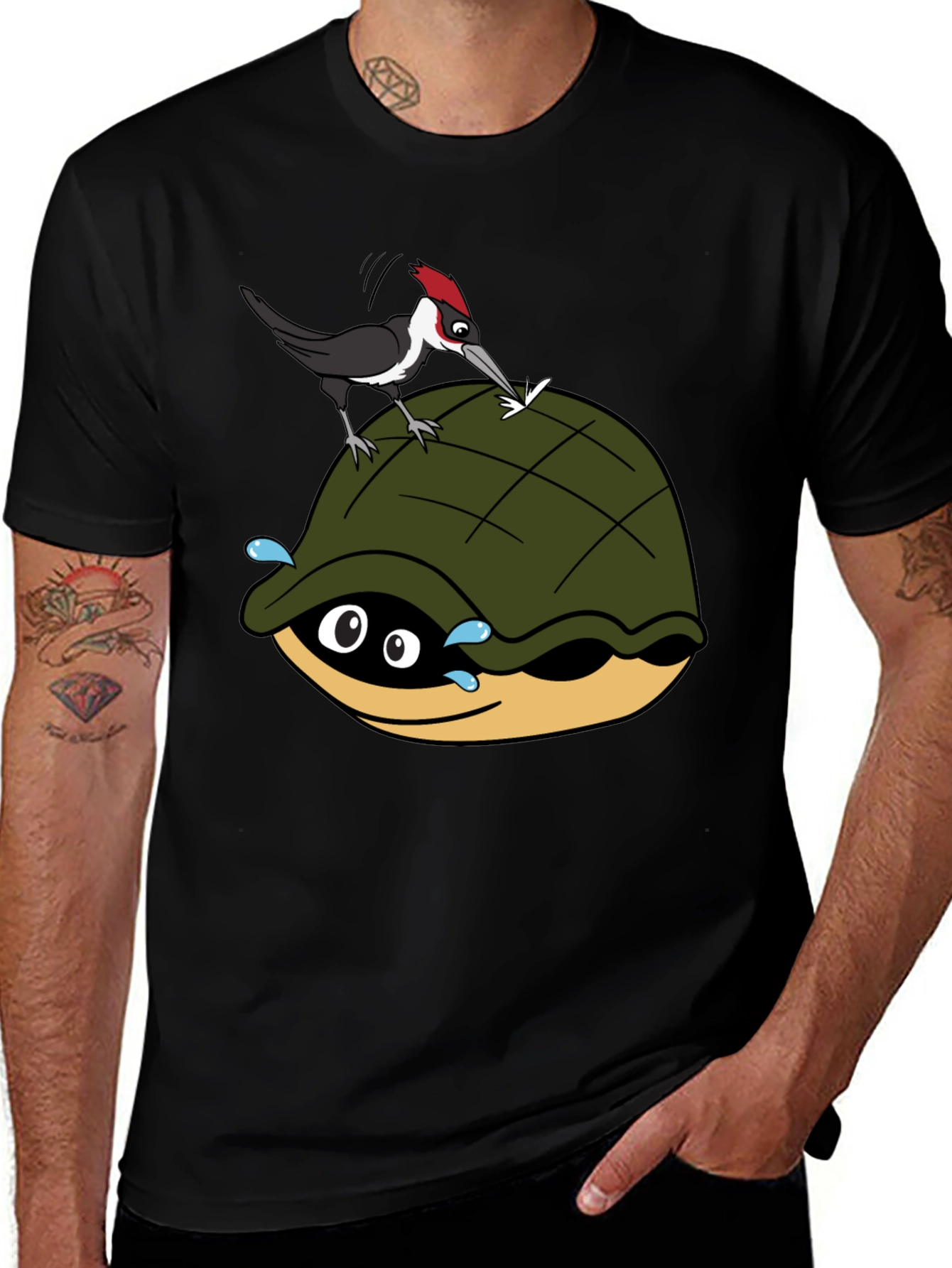 Cartoon Turtle and Woodpecker Graphic Tee