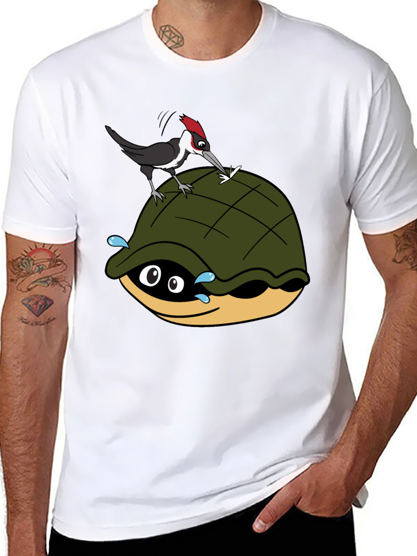 Cartoon Turtle and Woodpecker Graphic Tee