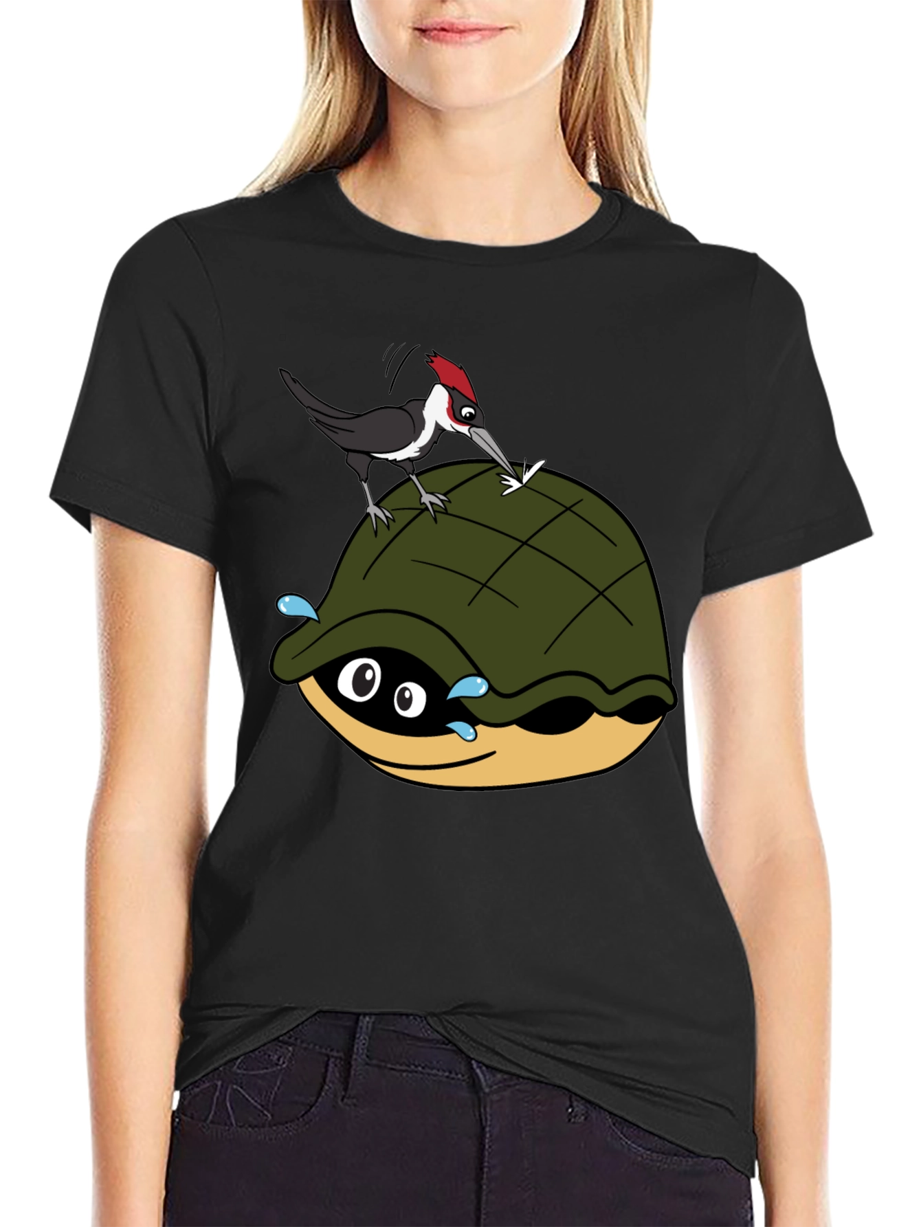 Cartoon Turtle and Woodpecker Graphic Tee