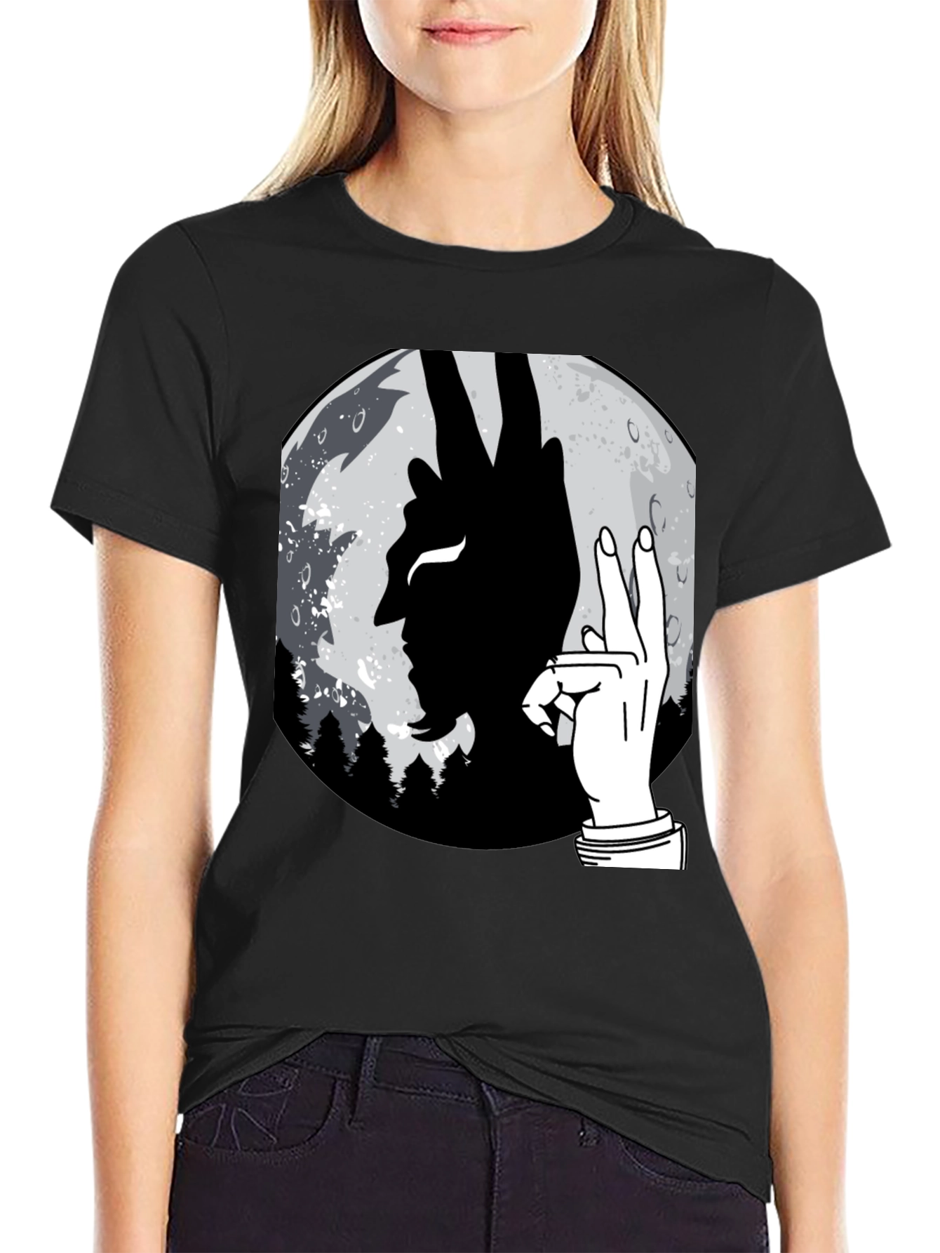 Devil Hand Sign Moon T-Shirt - Unique Graphic Tee