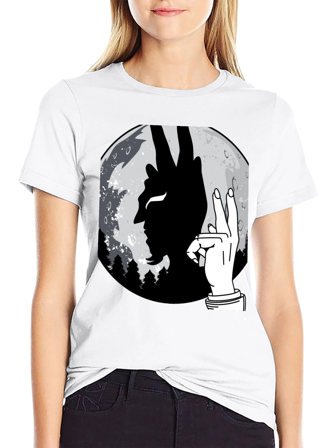 Devil Hand Sign Moon T-Shirt - Unique Graphic Tee