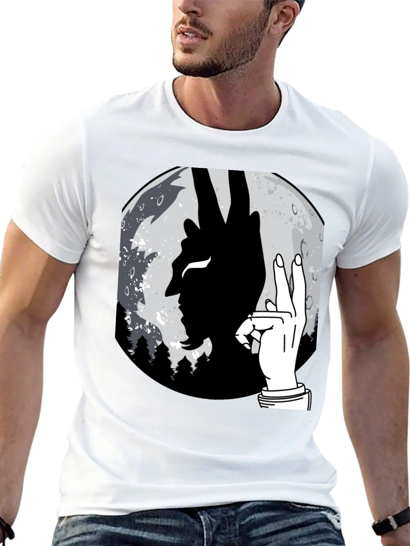 Devil Hand Sign Moon T-Shirt - Unique Graphic Tee