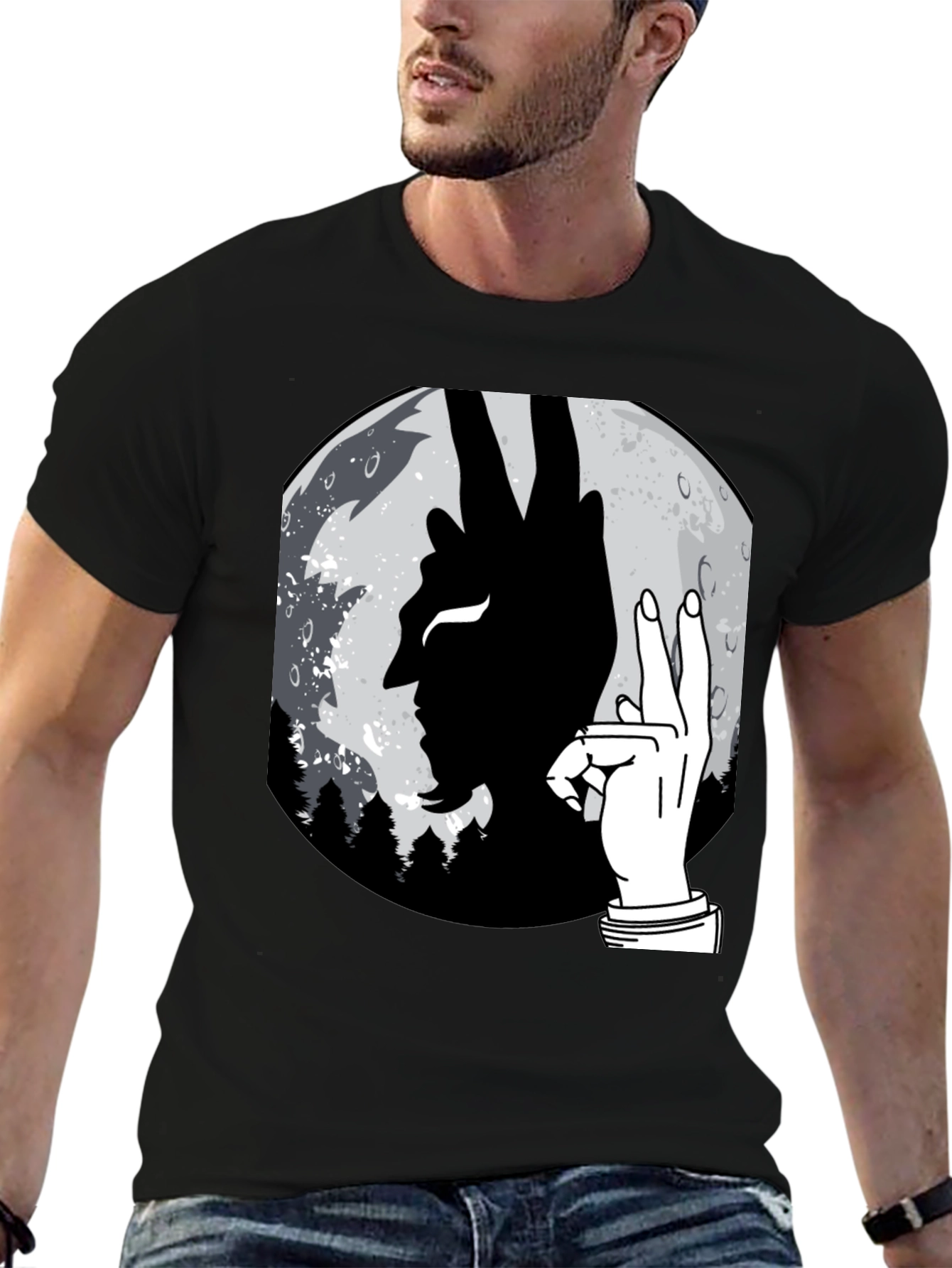 Devil Hand Sign Moon T-Shirt - Unique Graphic Tee
