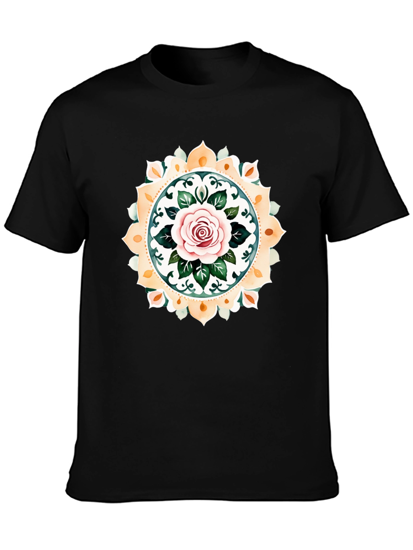 Rose Mandala Graphic Tee - Artistic Black T-Shirt