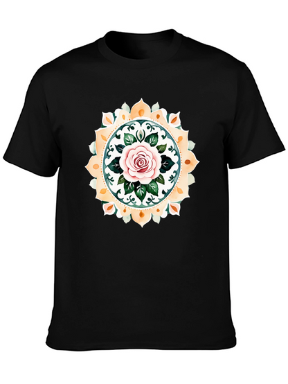 Rose Mandala Graphic Tee - Artistic Black T-Shirt