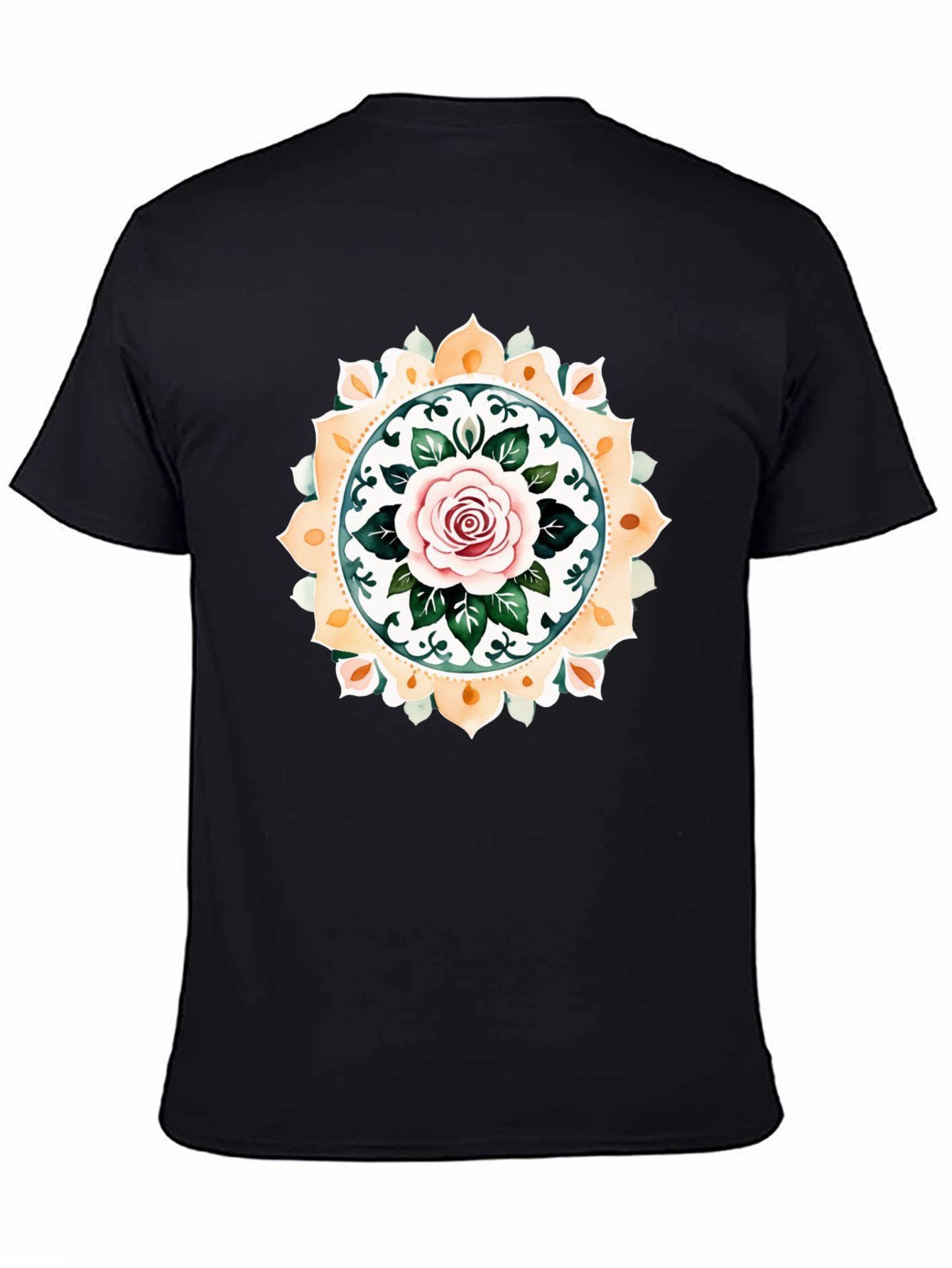 Rose Mandala Graphic Tee - Artistic Black T-Shirt