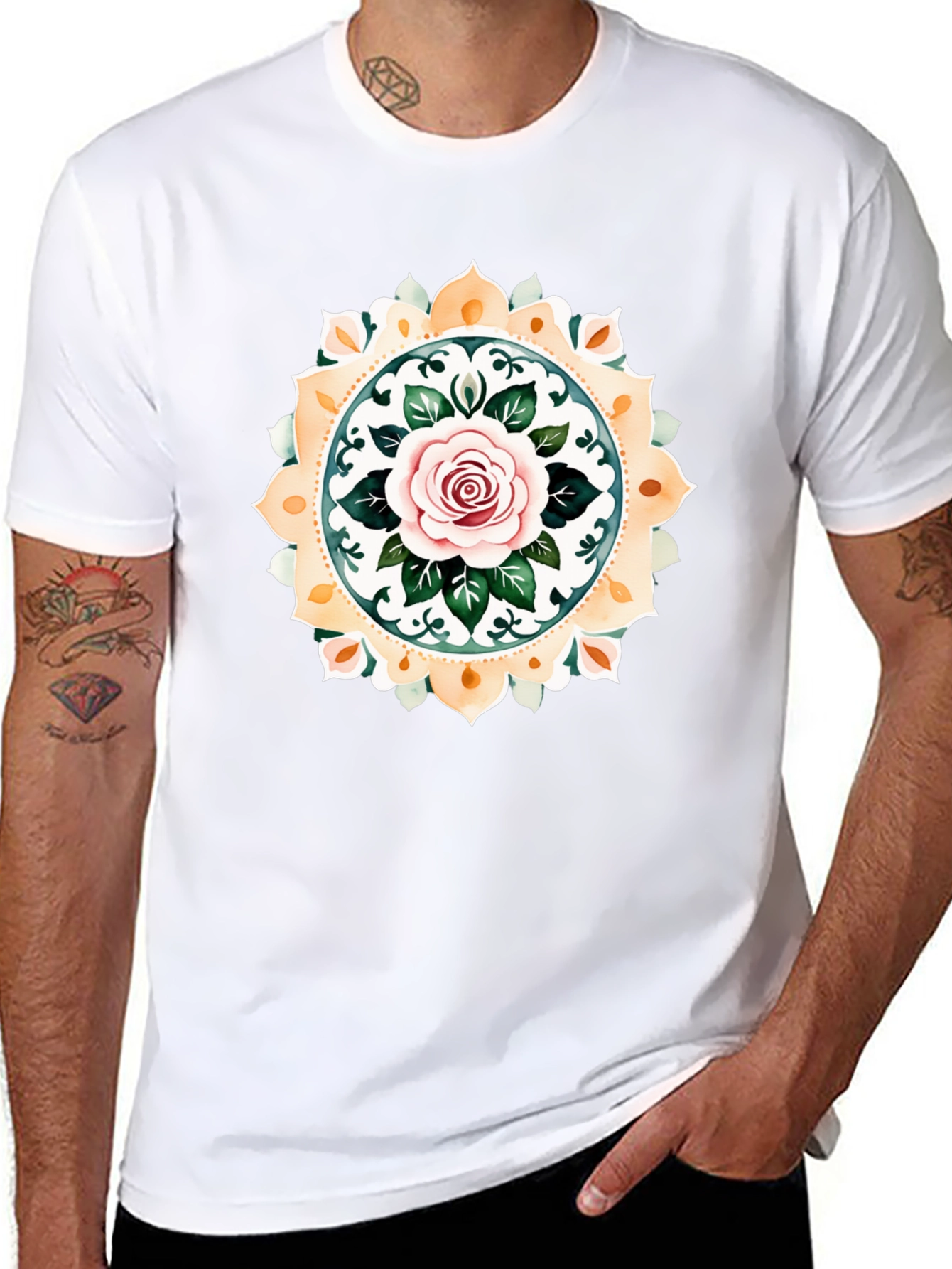 Rose Mandala Graphic Tee - Artistic Black T-Shirt