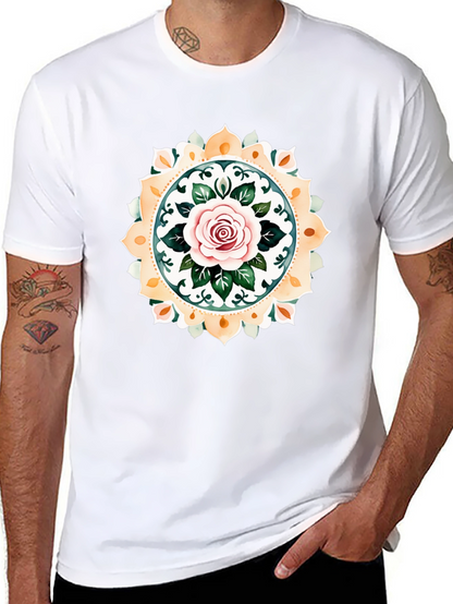 Rose Mandala Graphic Tee - Artistic Black T-Shirt