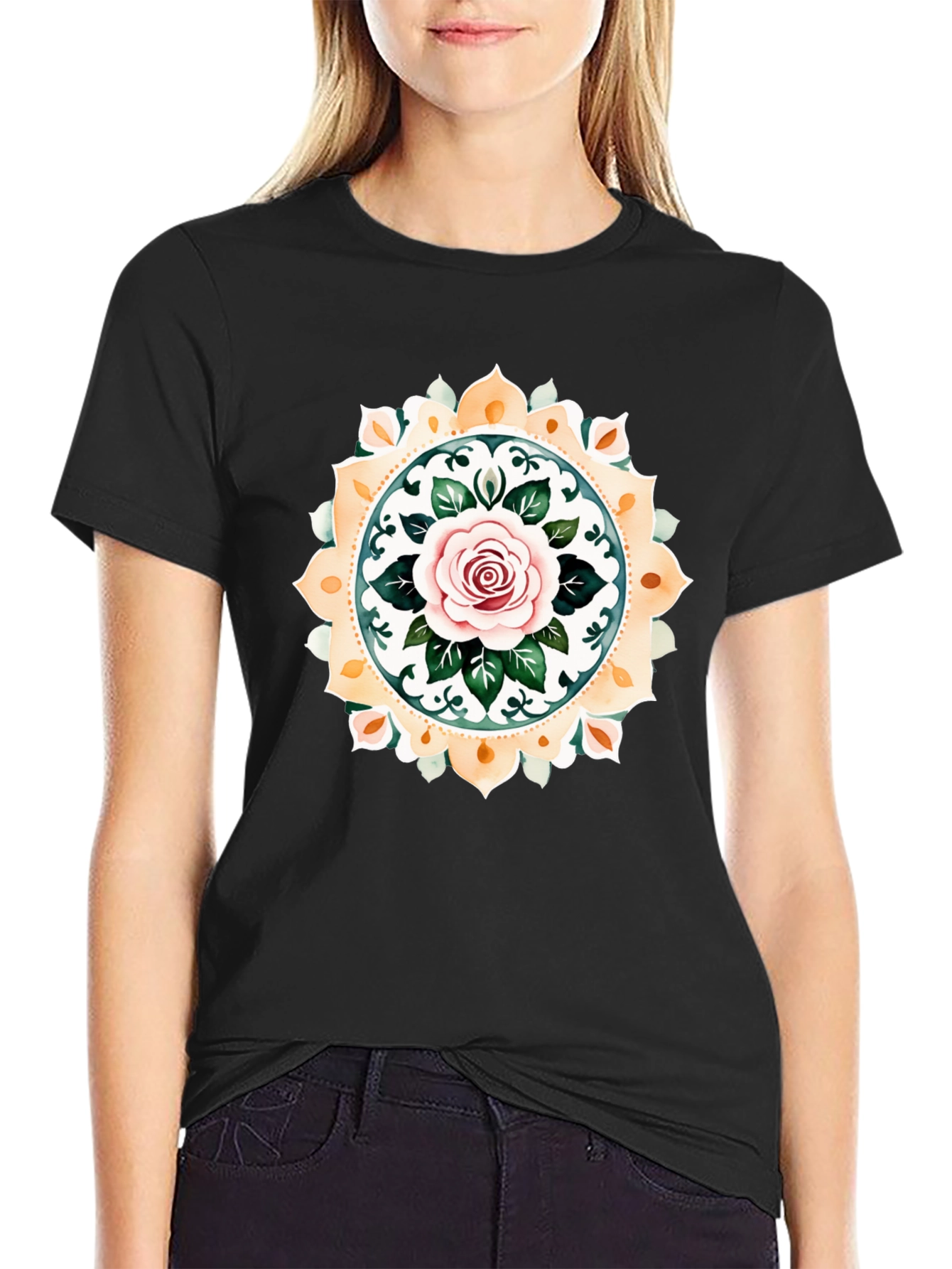 Rose Mandala Graphic Tee - Artistic Black T-Shirt