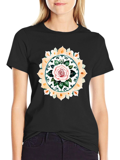 Rose Mandala Graphic Tee - Artistic Black T-Shirt