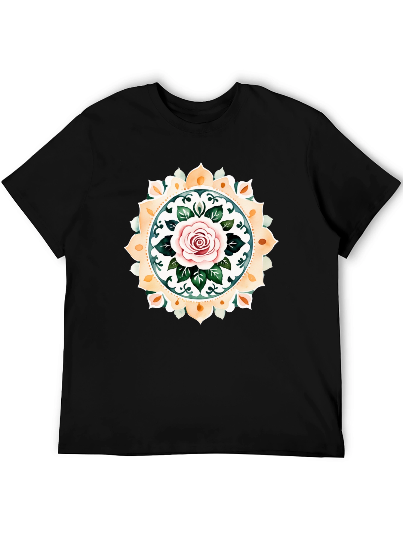 Rose Mandala Graphic Tee - Artistic Black T-Shirt