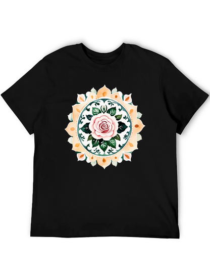 Rose Mandala Graphic Tee - Artistic Black T-Shirt