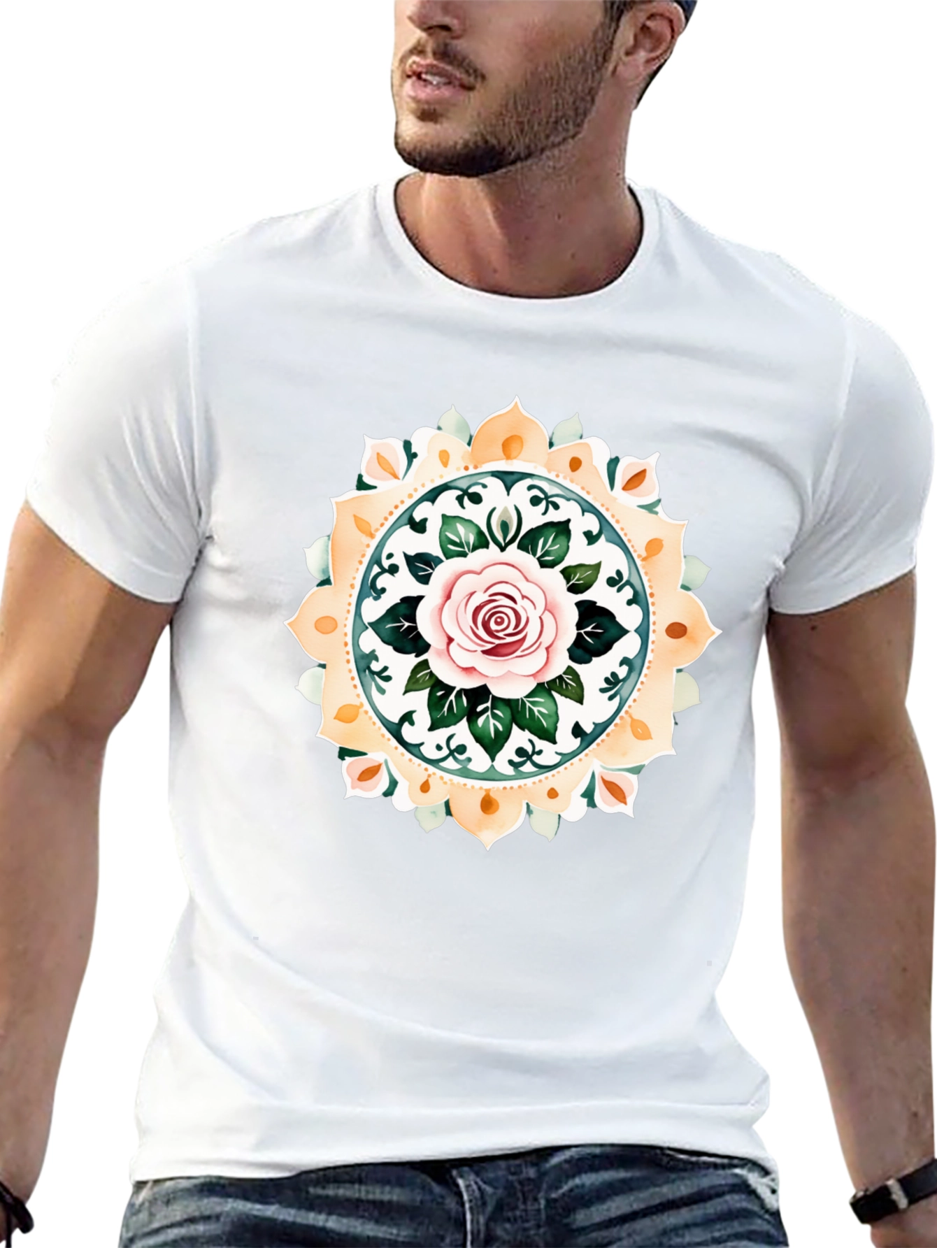 Rose Mandala Graphic Tee - Artistic Black T-Shirt