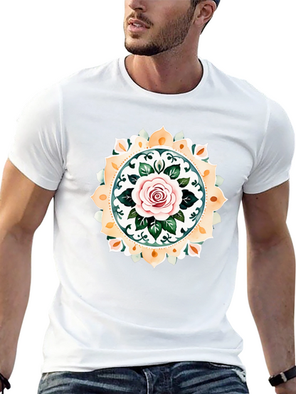 Rose Mandala Graphic Tee - Artistic Black T-Shirt