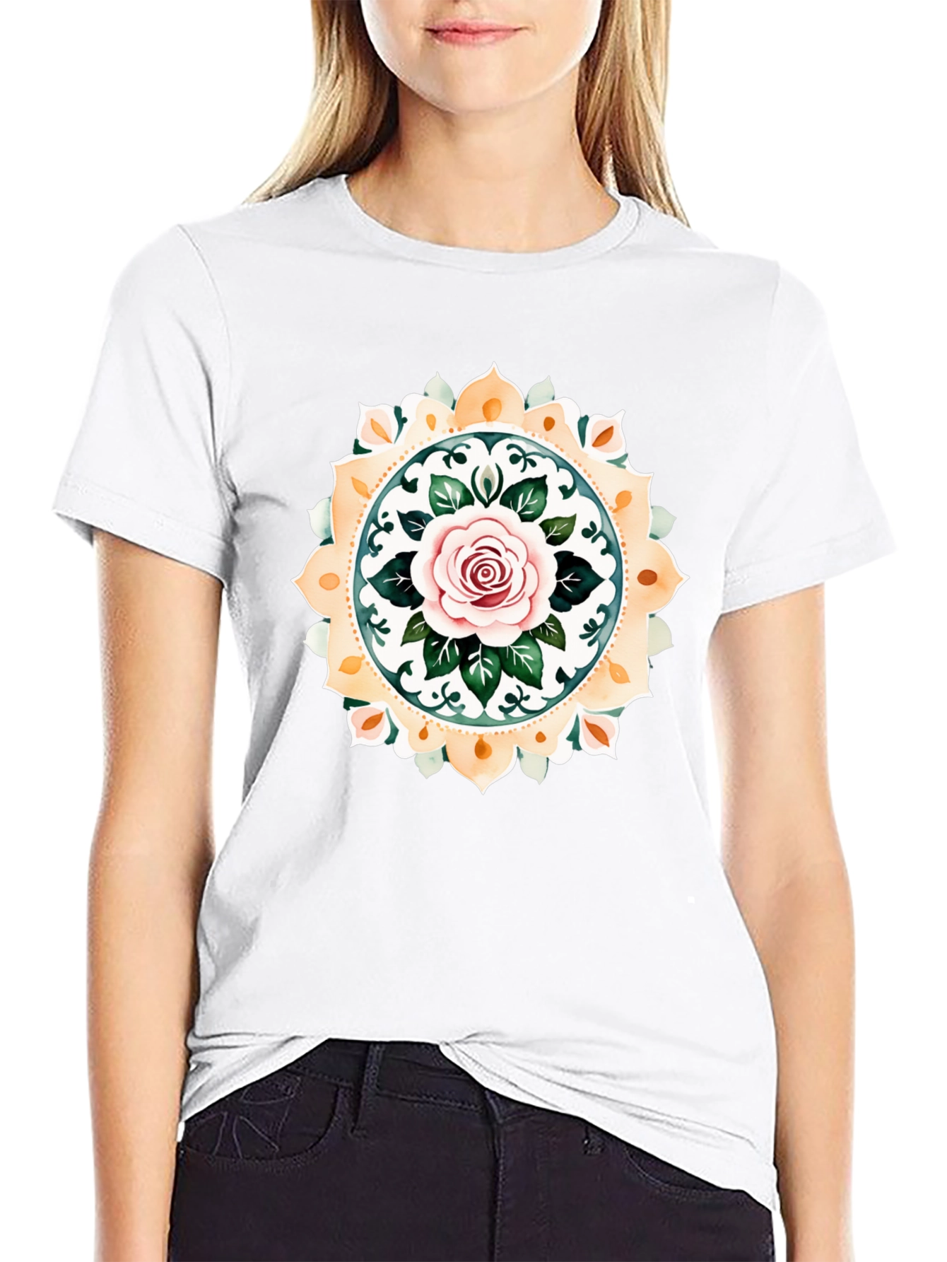 Rose Mandala Graphic Tee - Artistic Black T-Shirt