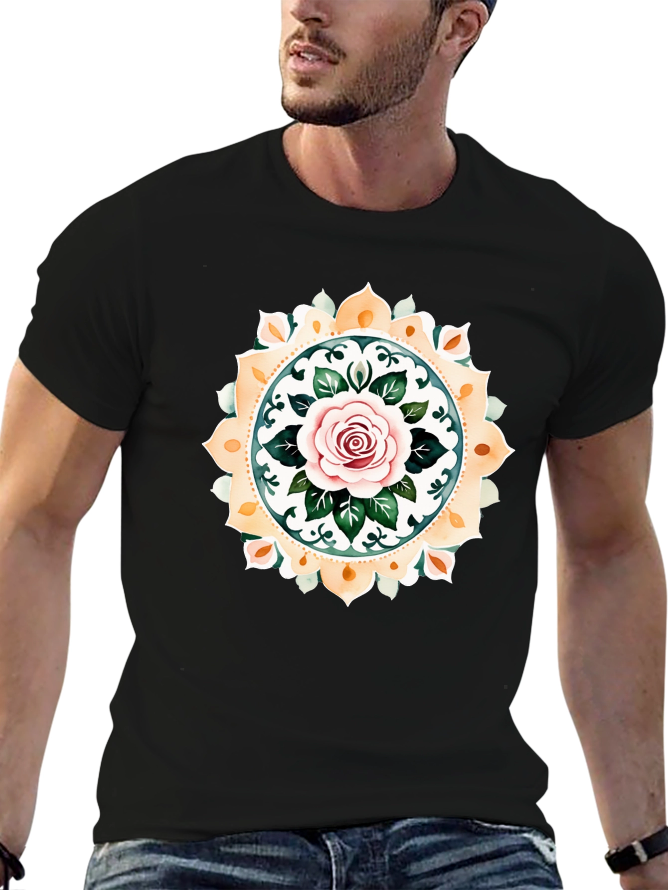 Rose Mandala Graphic Tee - Artistic Black T-Shirt