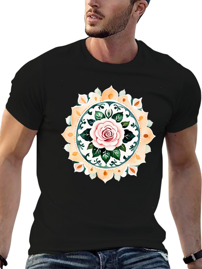Rose Mandala Graphic Tee - Artistic Black T-Shirt