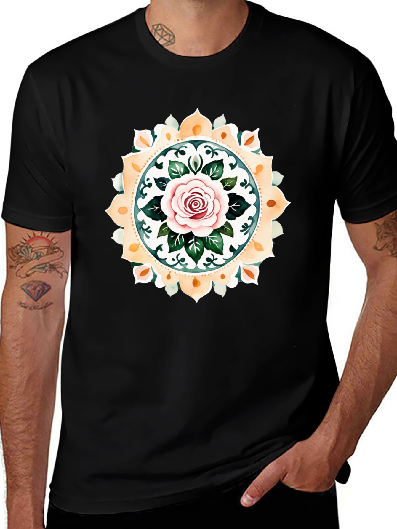 Rose Mandala Graphic Tee - Artistic Black T-Shirt