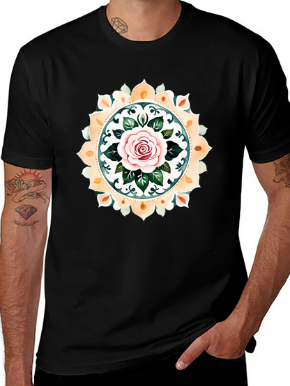 Rose Mandala Graphic Tee - Artistic Black T-Shirt