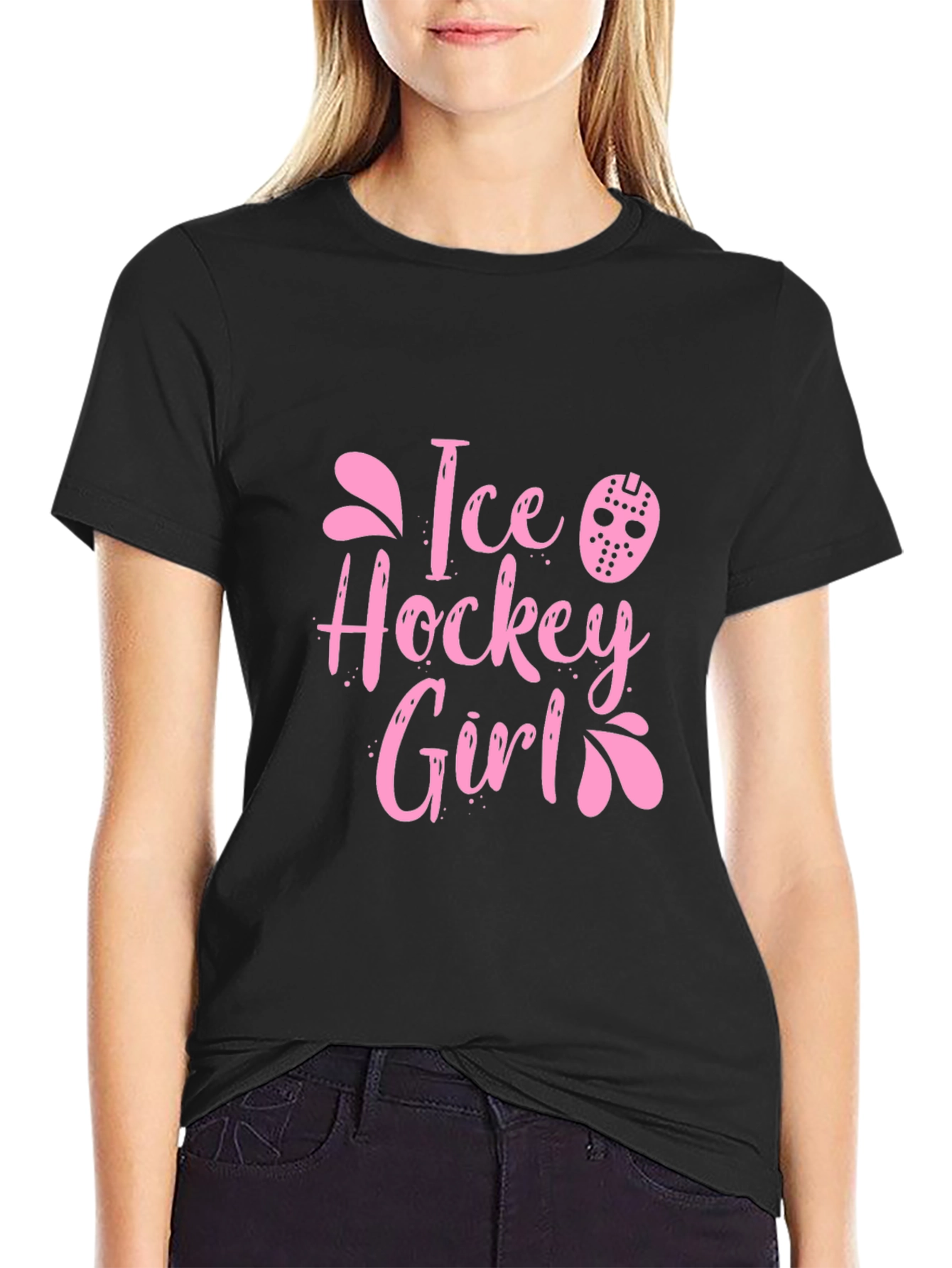Ice Hockey Girl Pink Graphic T-Shirt