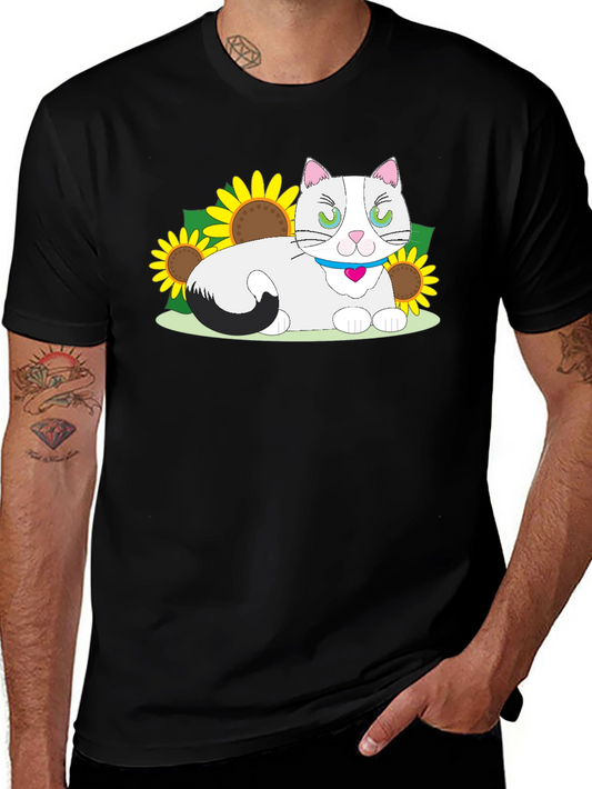 Cat & Sunflower Graphic T-Shirt