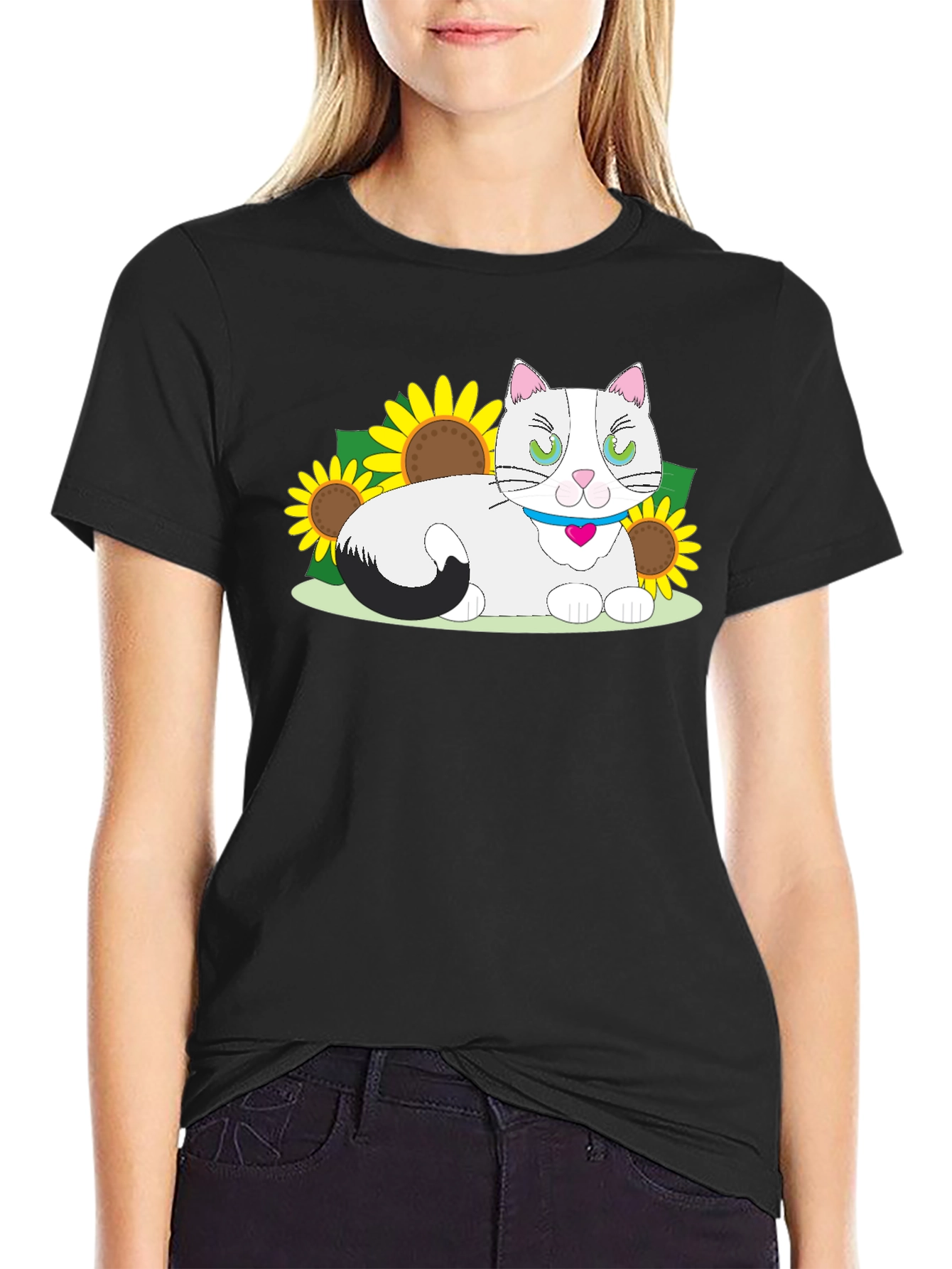 Cat & Sunflower Graphic T-Shirt