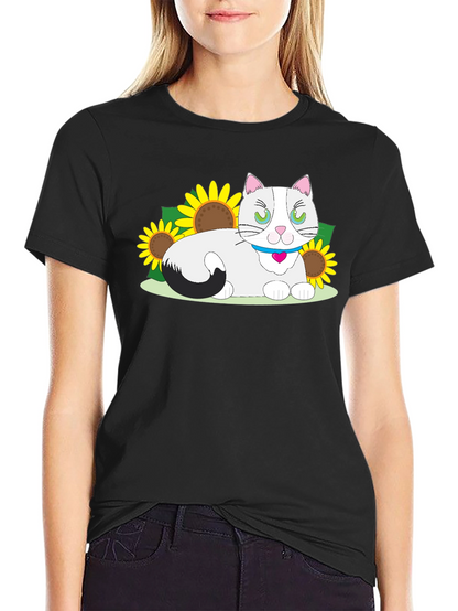Cat & Sunflower Graphic T-Shirt