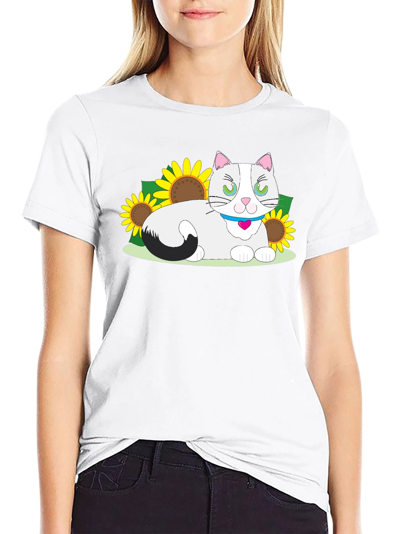 Cat & Sunflower Graphic T-Shirt
