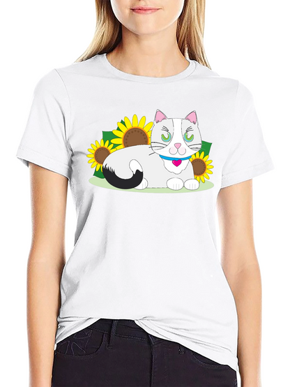 Cat & Sunflower Graphic T-Shirt