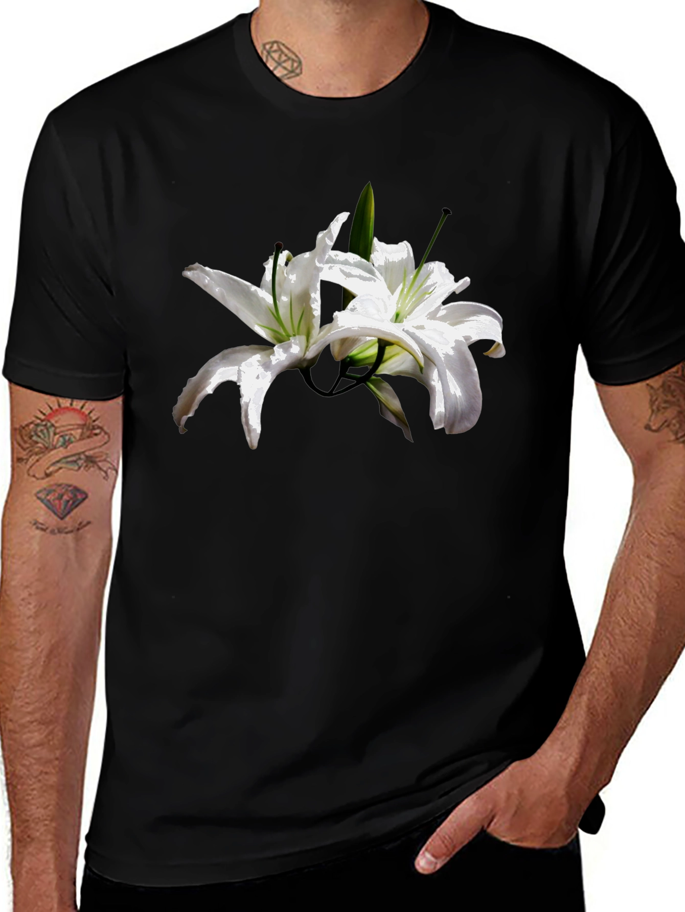 Floral Lily Graphic Tee - Stylish Black T-Shirt