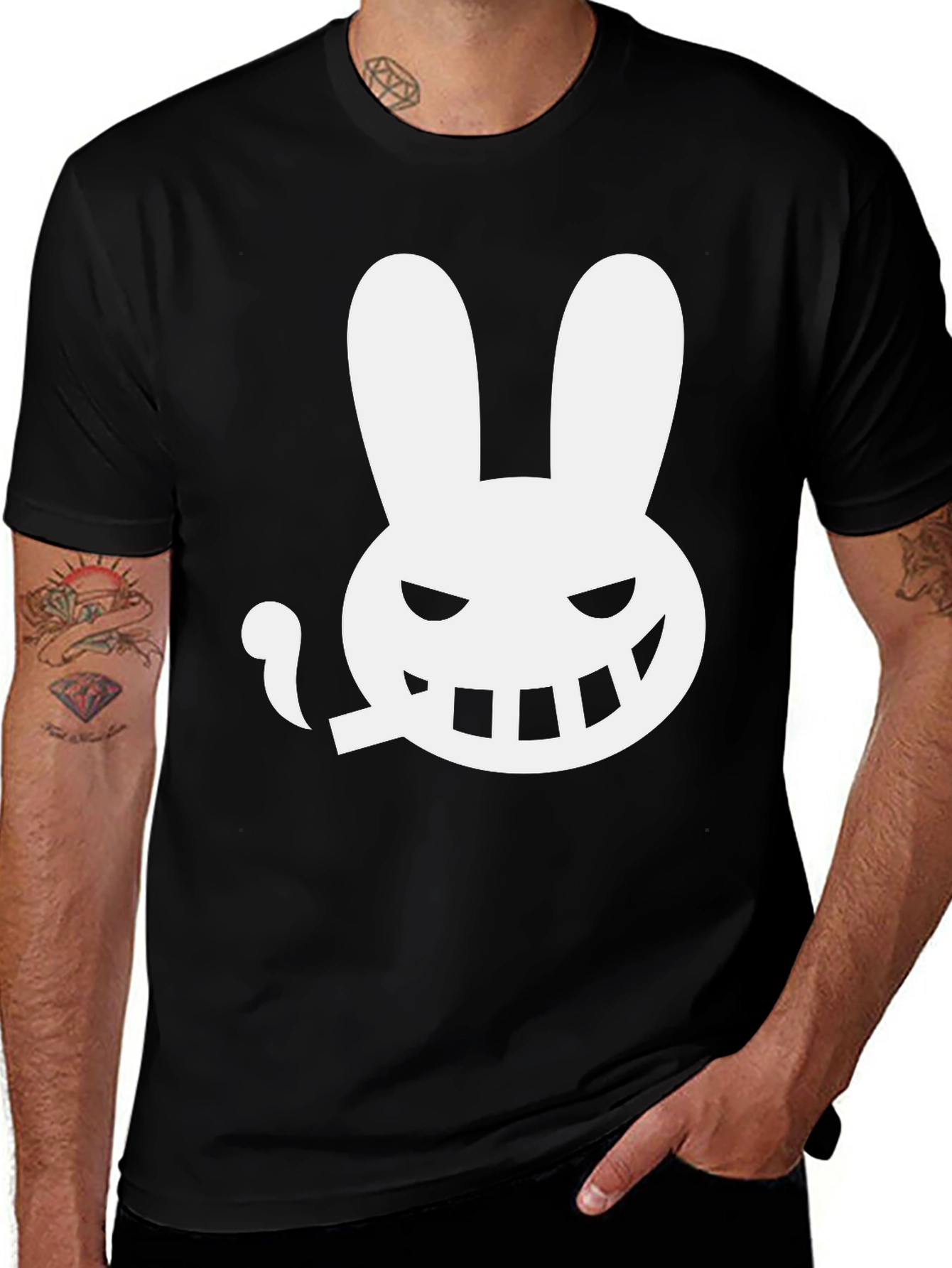 Mens Black T-Shirt - Smoking Rabbit Graphic Tee