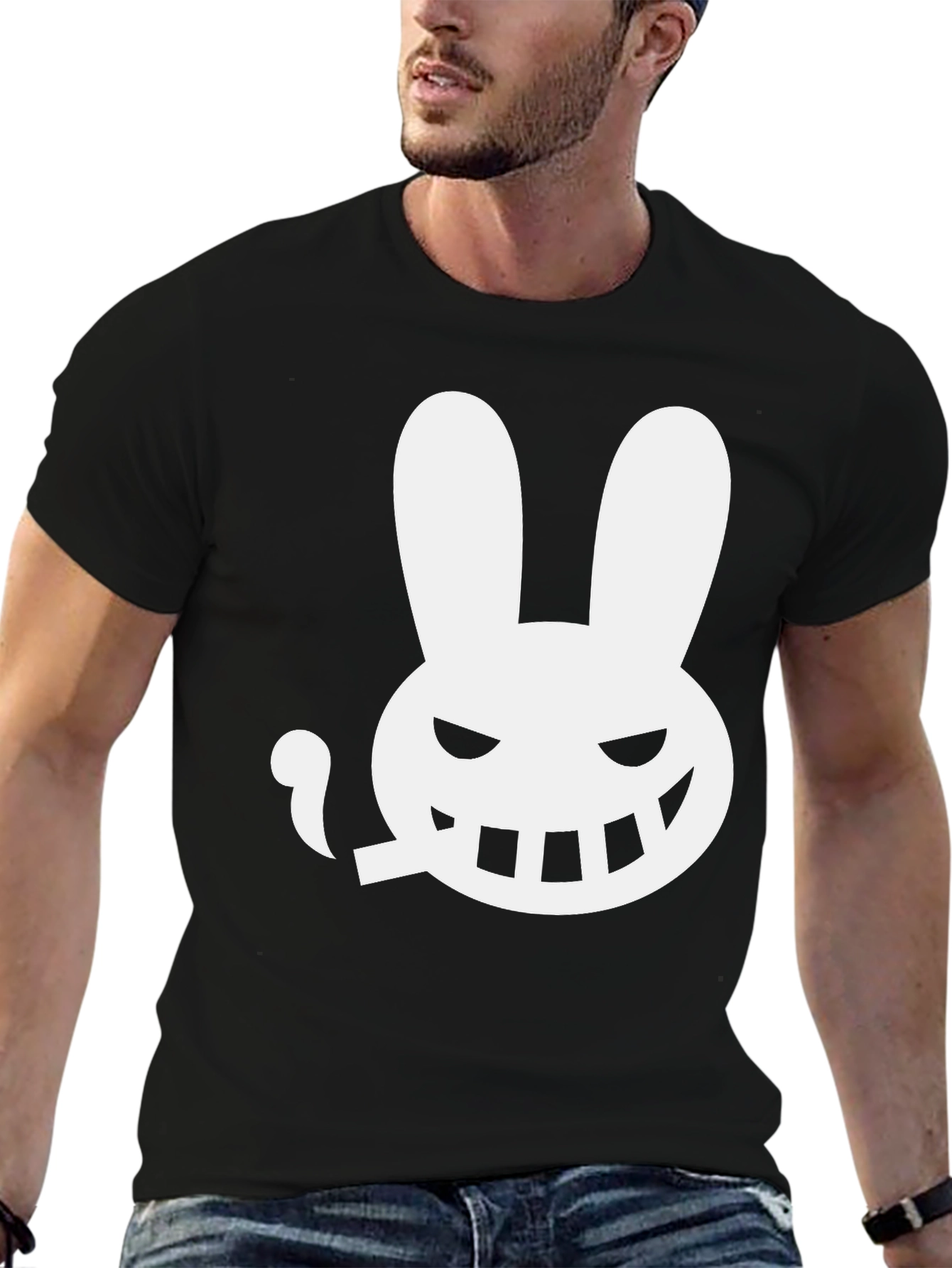 Mens Black T-Shirt - Smoking Rabbit Graphic Tee