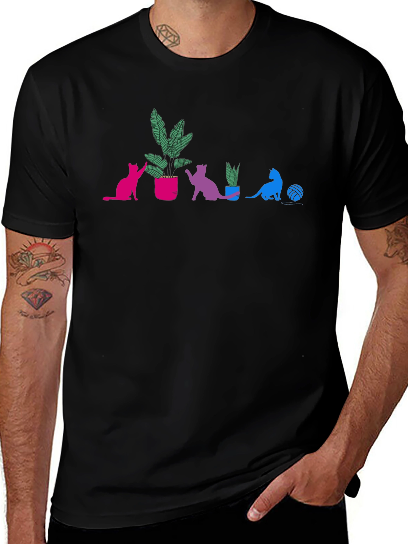 Bi Pride Cats & Plants Black T-Shirt