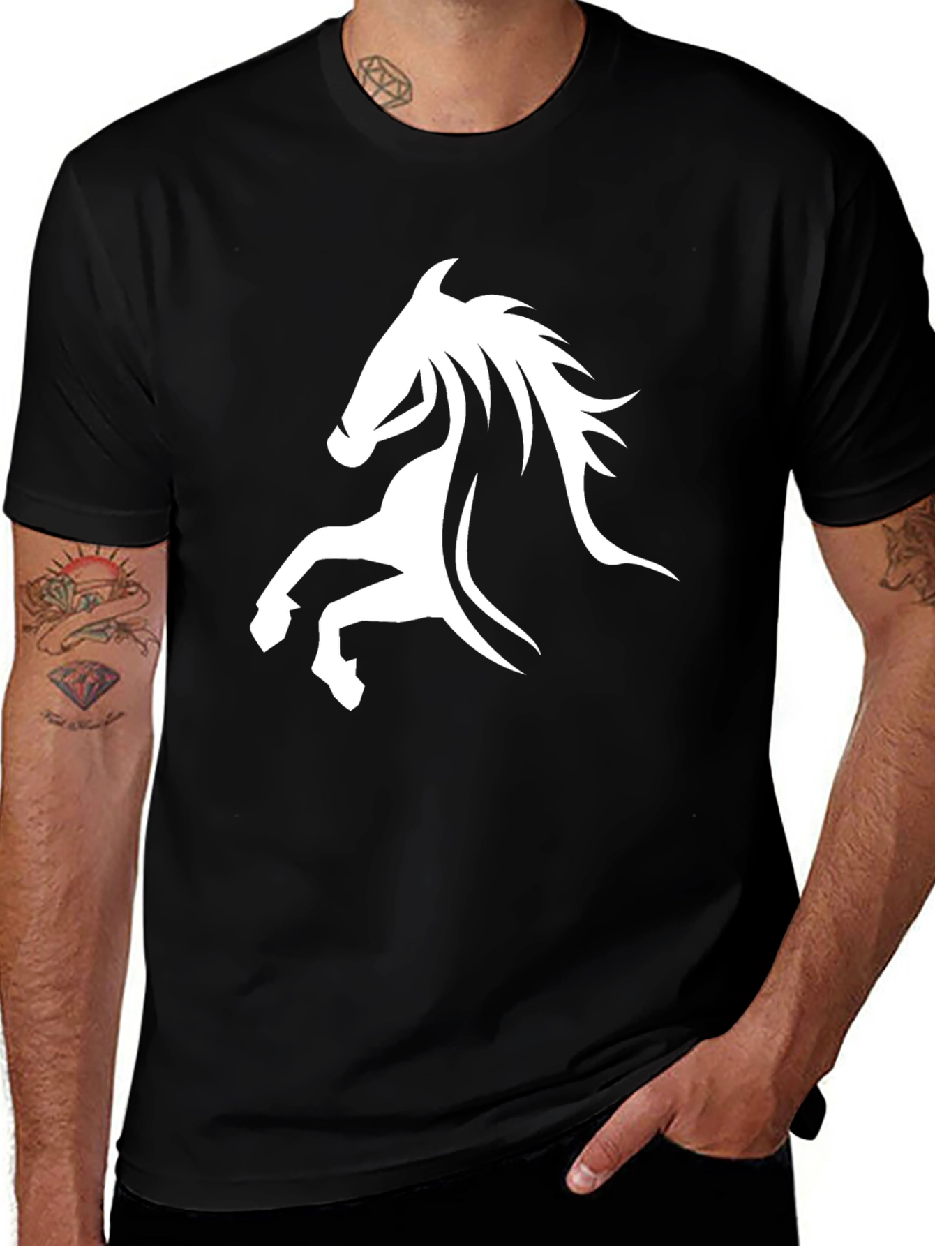 Black Tee with White Horse Graphic