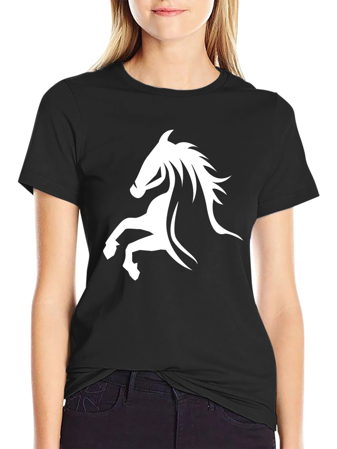 Black Tee with White Horse Graphic