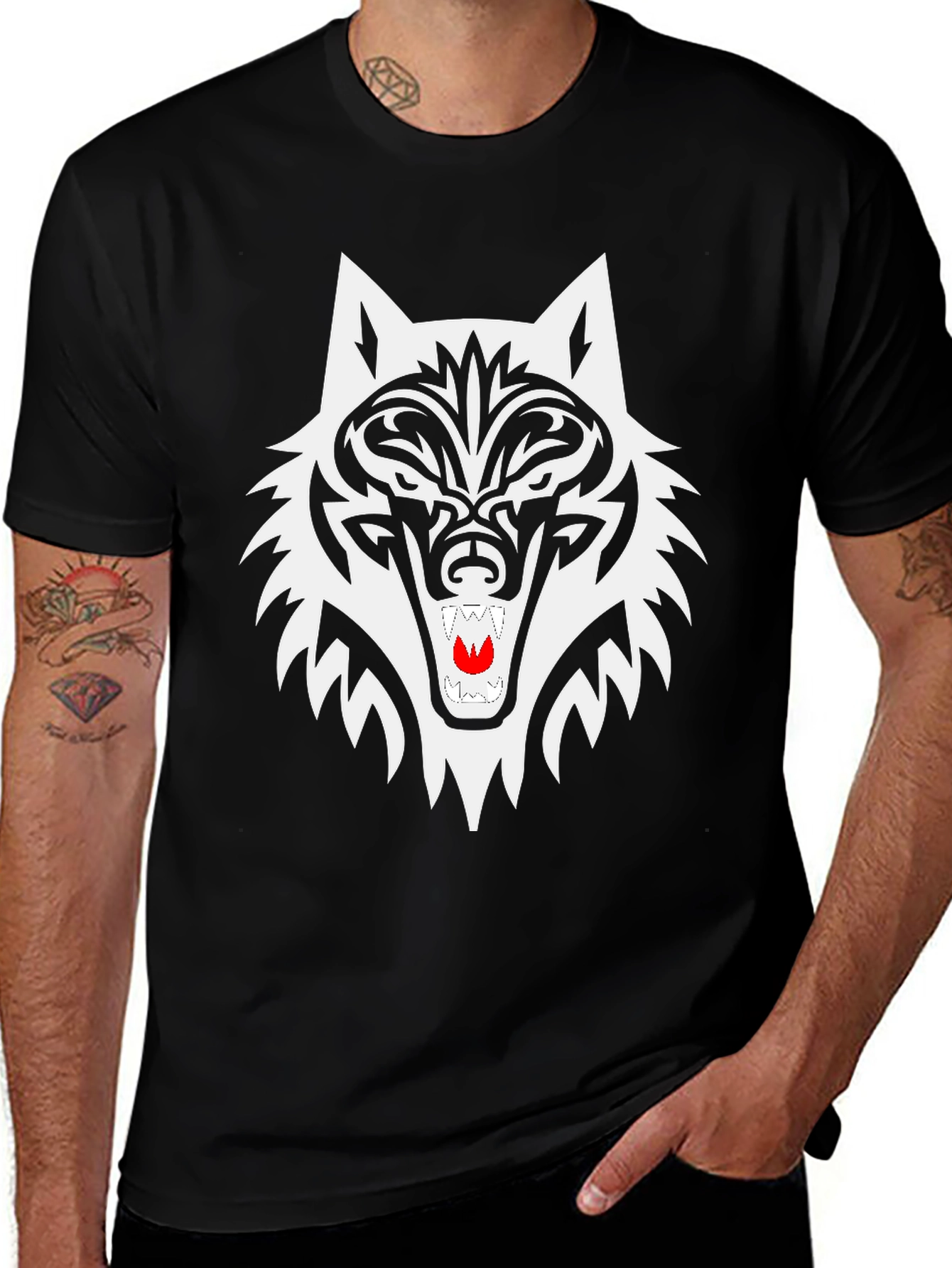 Black Wolf Graphic Tee - Tribal Style