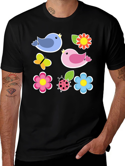Cute Spring Bird & Floral Graphic Black T-Shirt