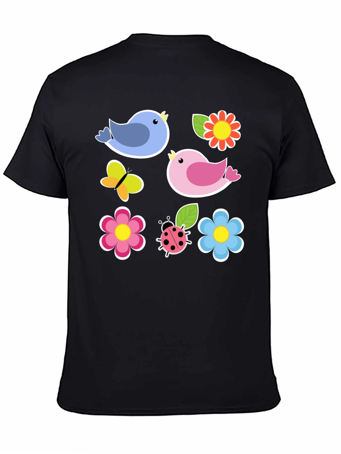 Cute Spring Bird & Floral Graphic Black T-Shirt