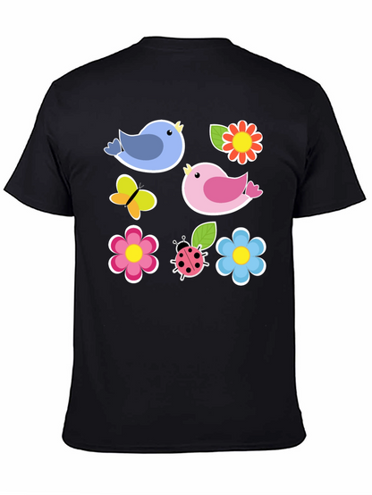 Cute Spring Bird & Floral Graphic Black T-Shirt