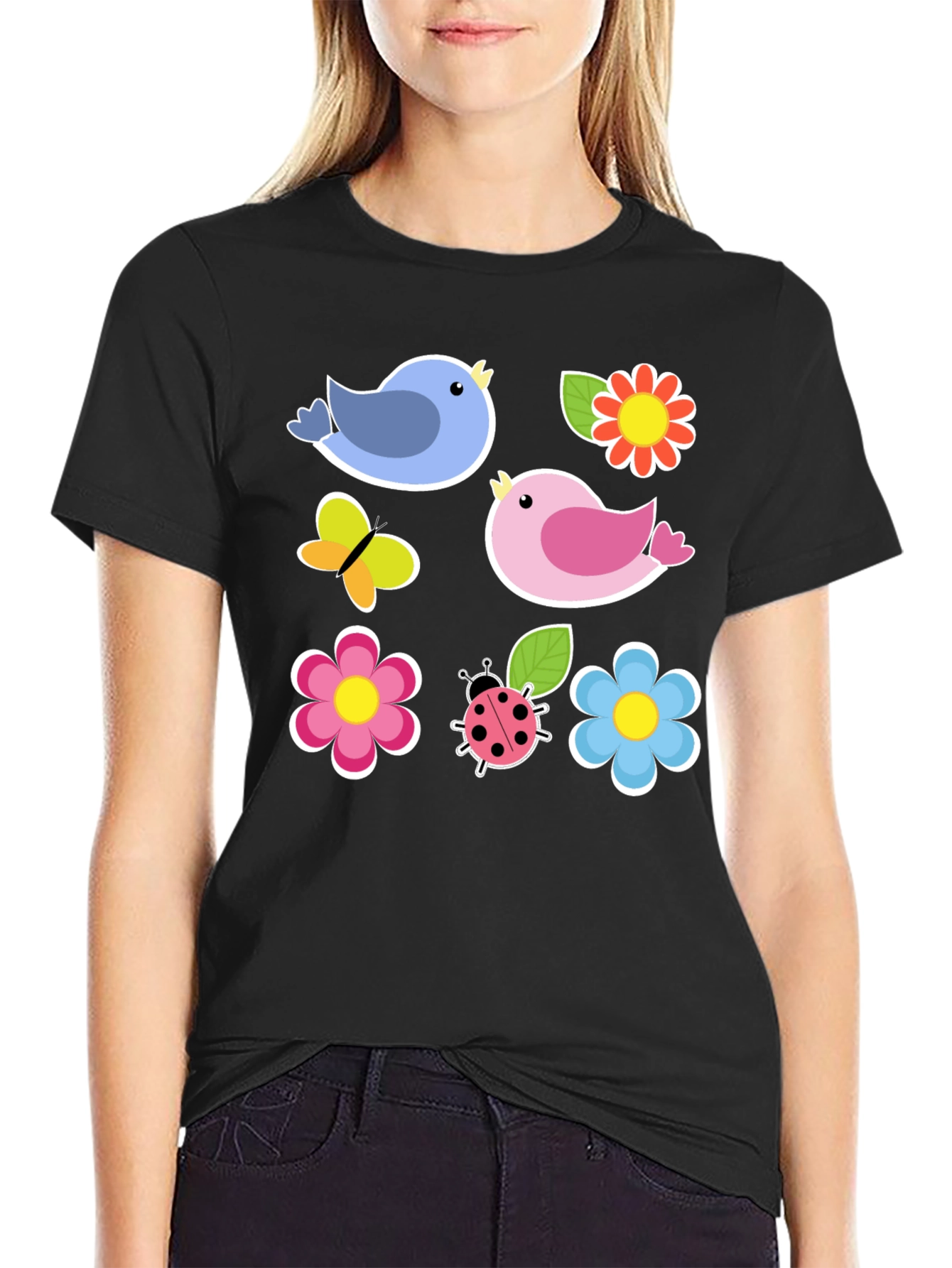 Cute Spring Bird & Floral Graphic Black T-Shirt