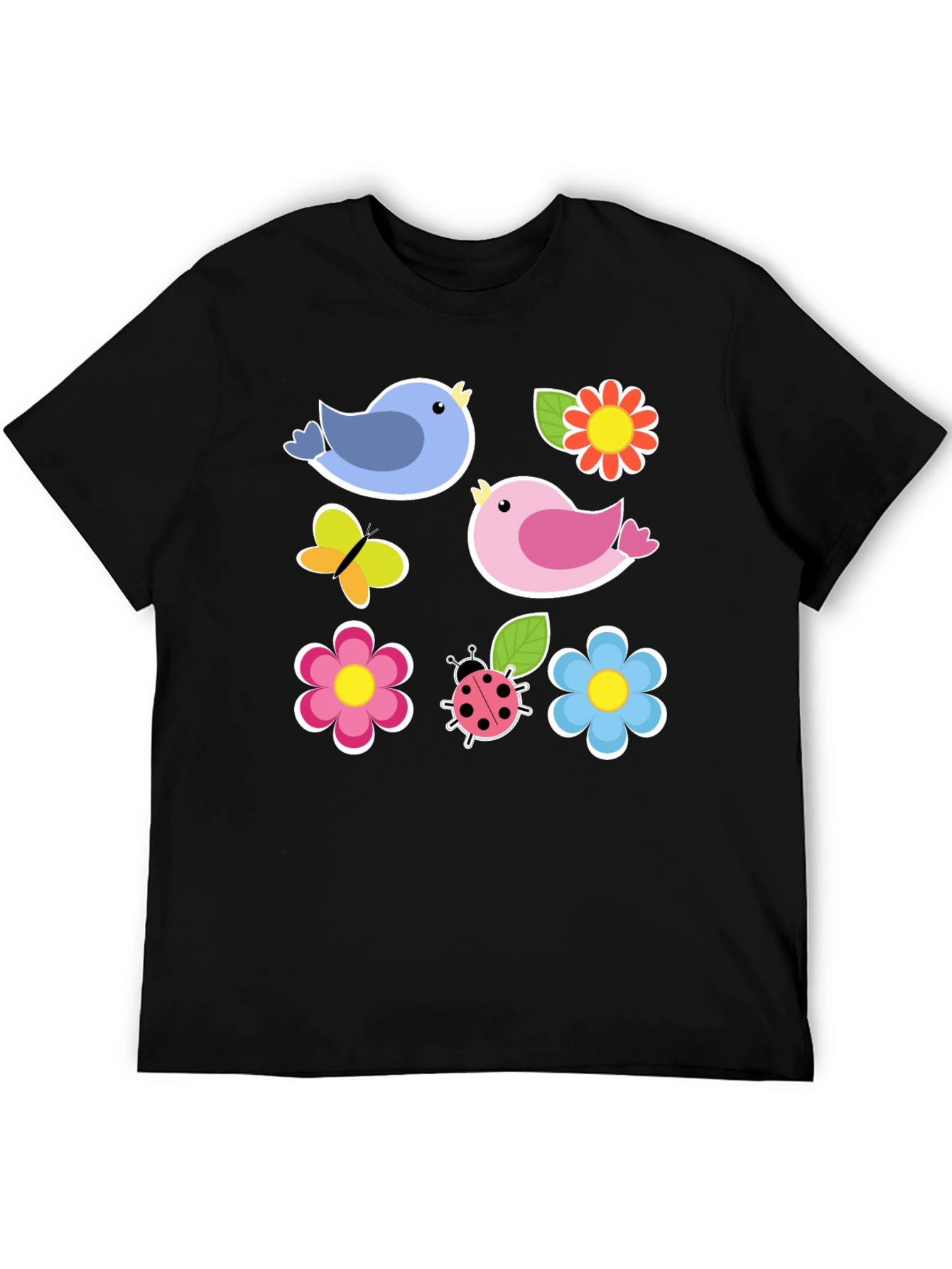Cute Spring Bird & Floral Graphic Black T-Shirt