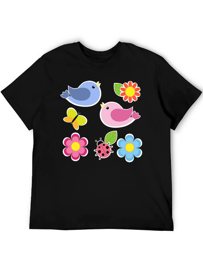 Cute Spring Bird & Floral Graphic Black T-Shirt