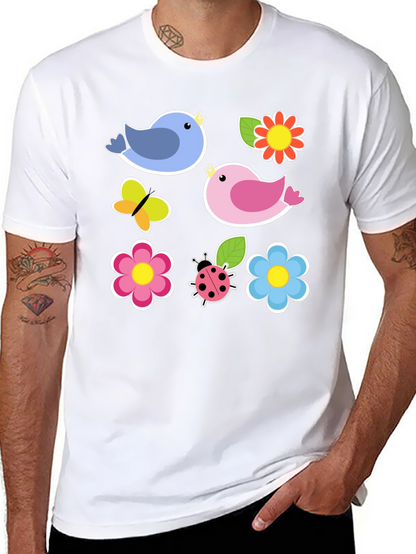 Cute Spring Bird & Floral Graphic Black T-Shirt