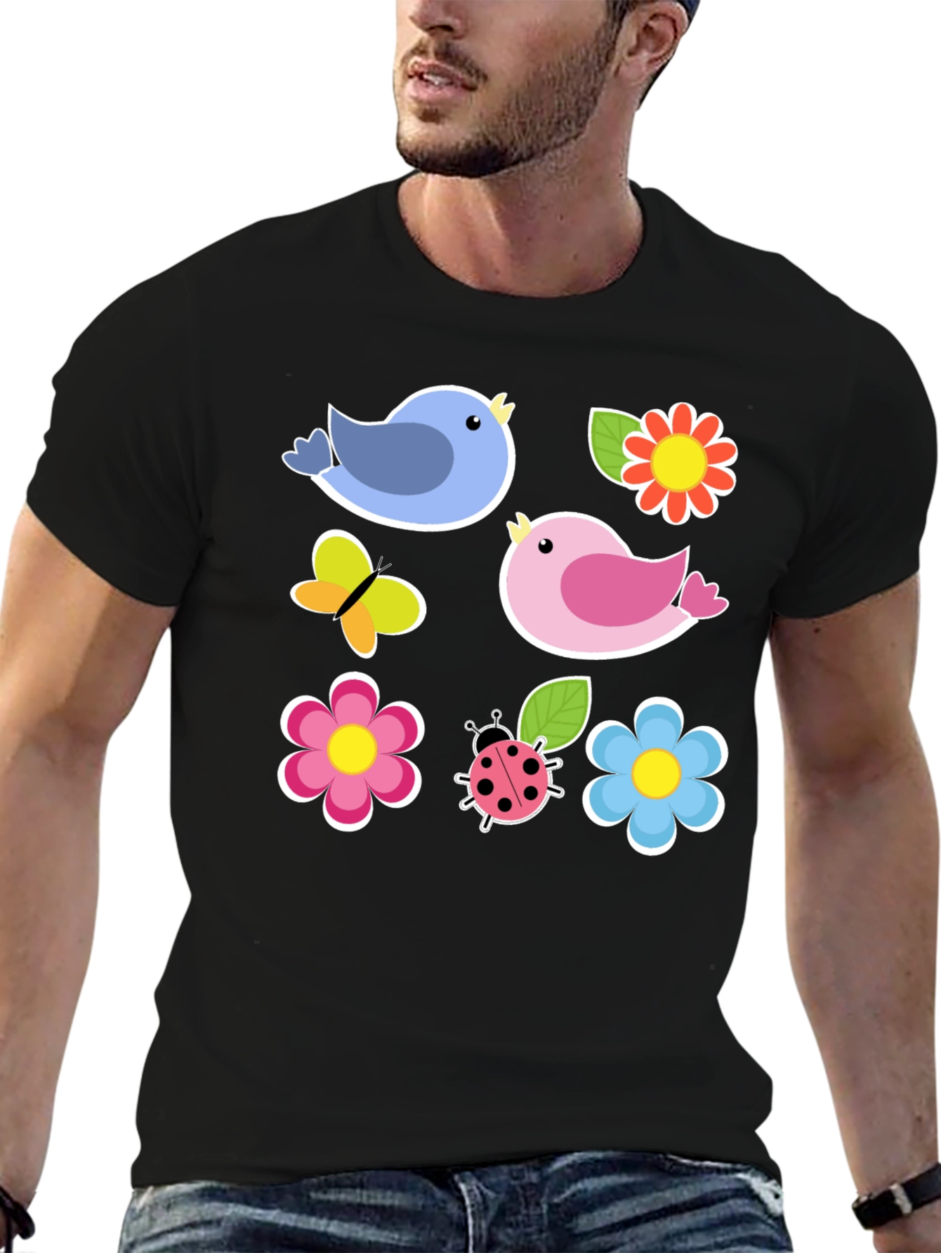 Cute Spring Bird & Floral Graphic Black T-Shirt