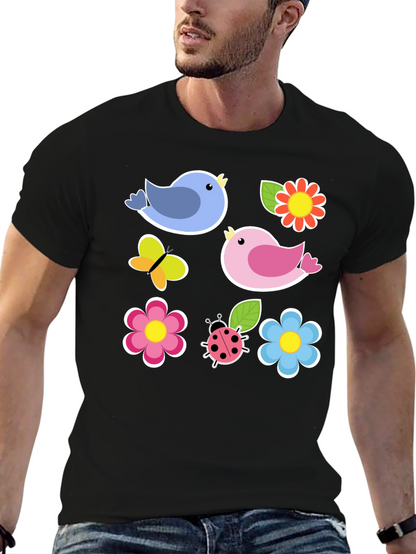 Cute Spring Bird & Floral Graphic Black T-Shirt