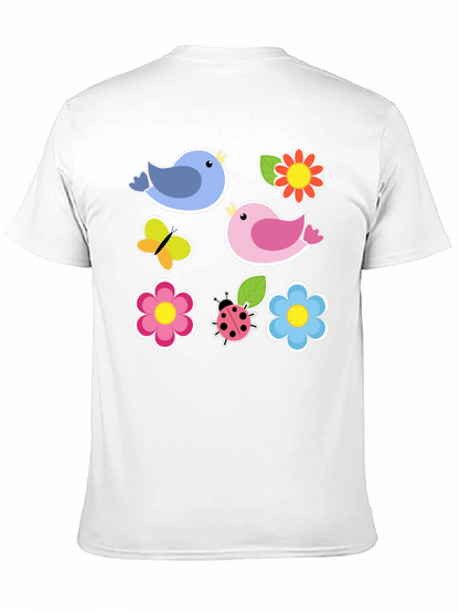 Cute Spring Bird & Floral Graphic Black T-Shirt