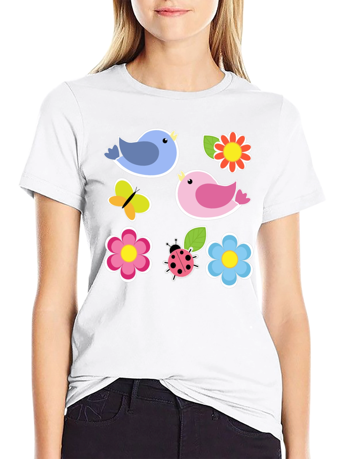 Cute Spring Bird & Floral Graphic Black T-Shirt