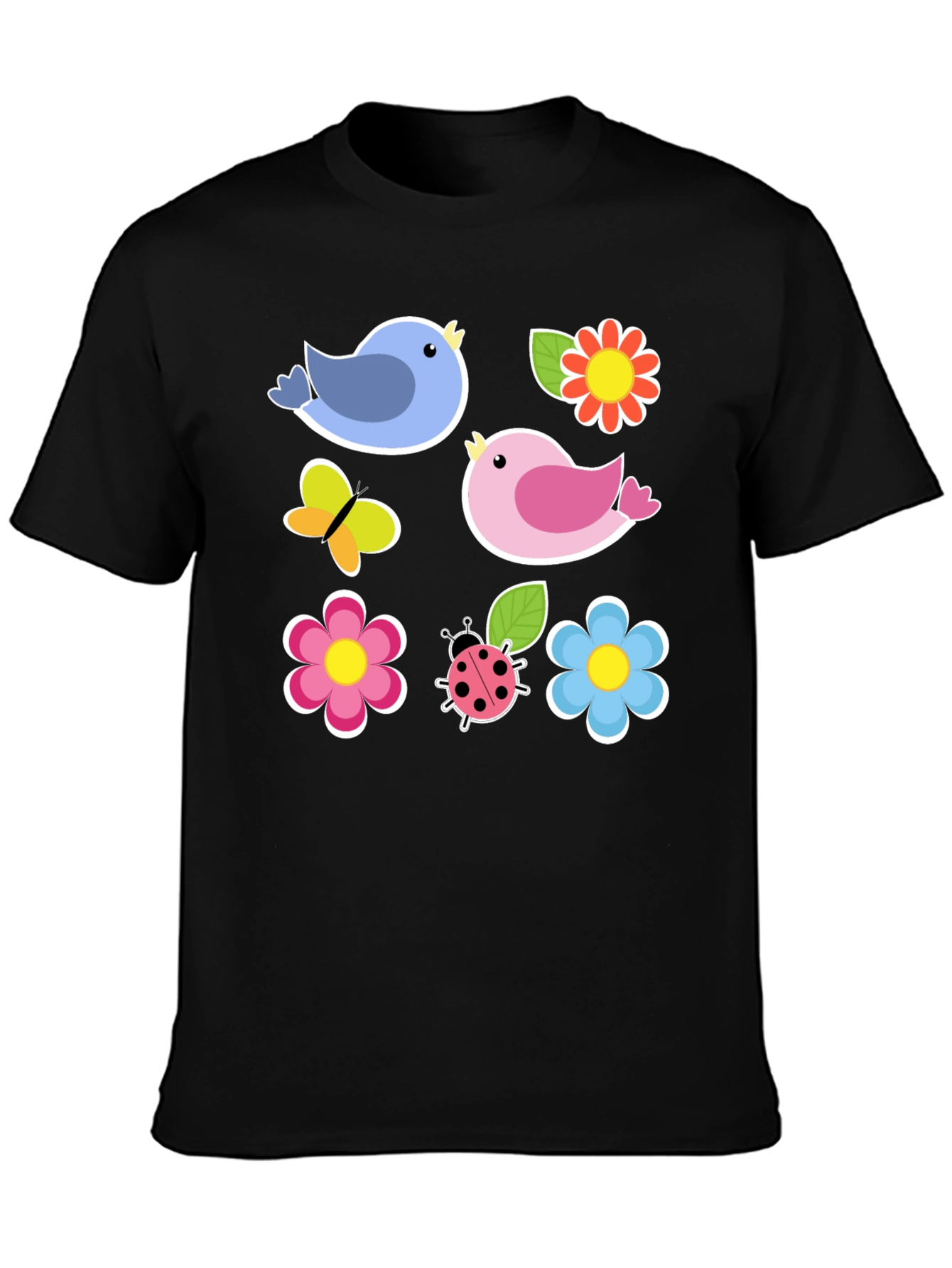 Cute Spring Bird & Floral Graphic Black T-Shirt