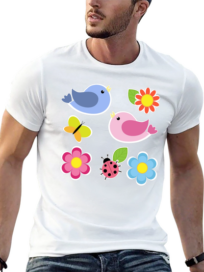 Cute Spring Bird & Floral Graphic Black T-Shirt